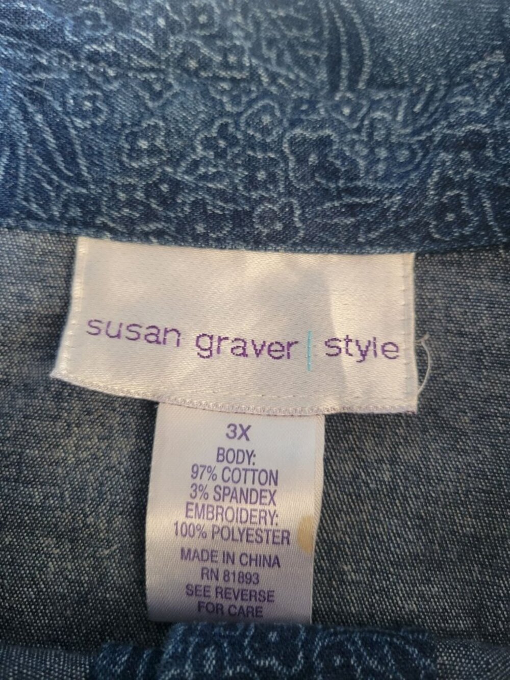 Susan Graver Western Blue Butterfly Embroidered Denim Long Sleeve Top Size 3X - Picture 9 of 12